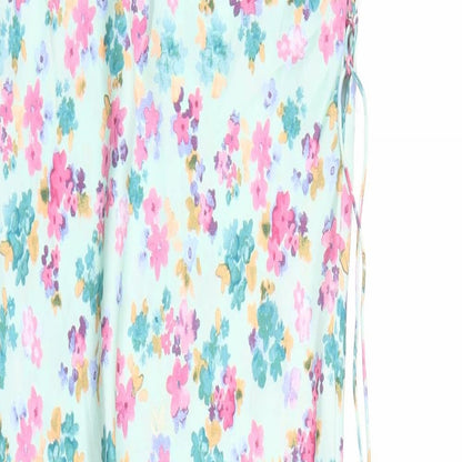 Zara Womens Green Floral Polyester Slip Dress Size S V-Neck Pullover