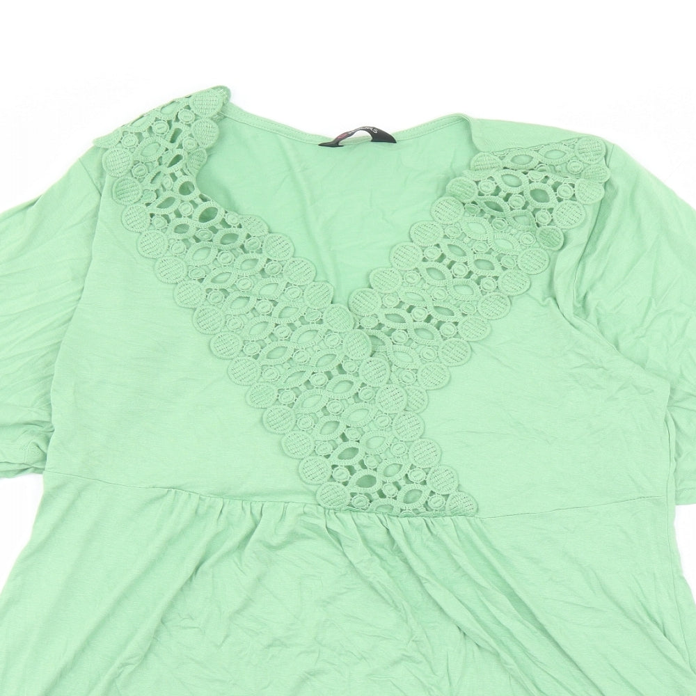 Yours Womens Green Viscose Basic T-Shirt Size 14 V-Neck - Crochet Detail