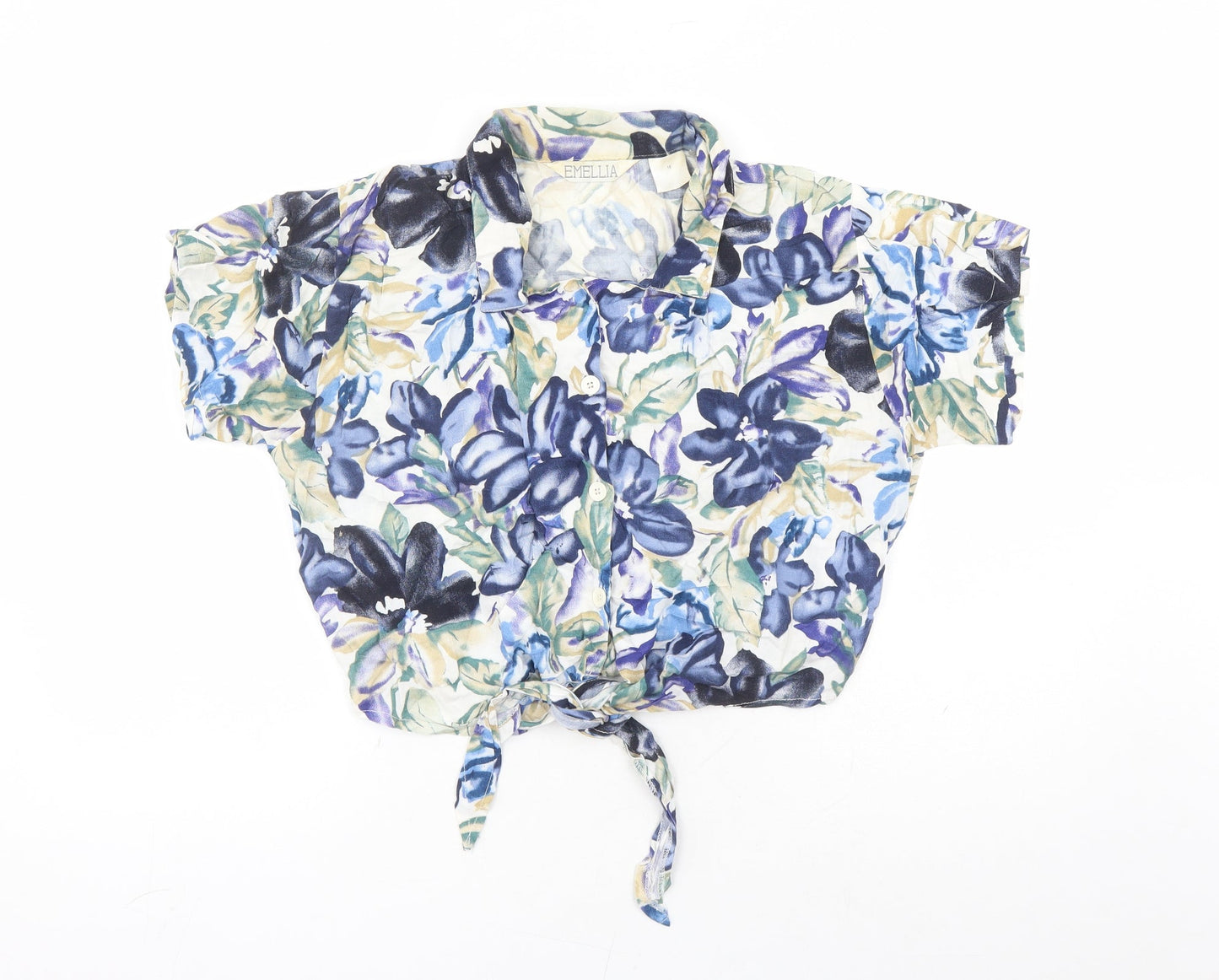 Emellia Womens Blue Floral Viscose Basic Button-Up Size 16 Collared