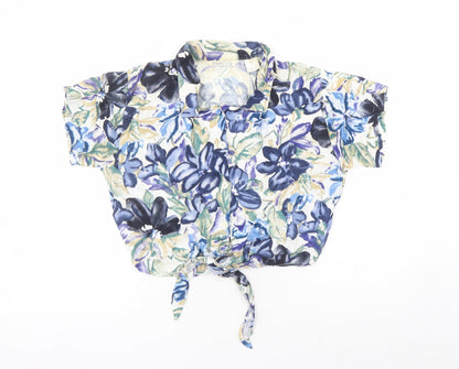 Emellia Womens Blue Floral Viscose Basic Button-Up Size 16 Collared