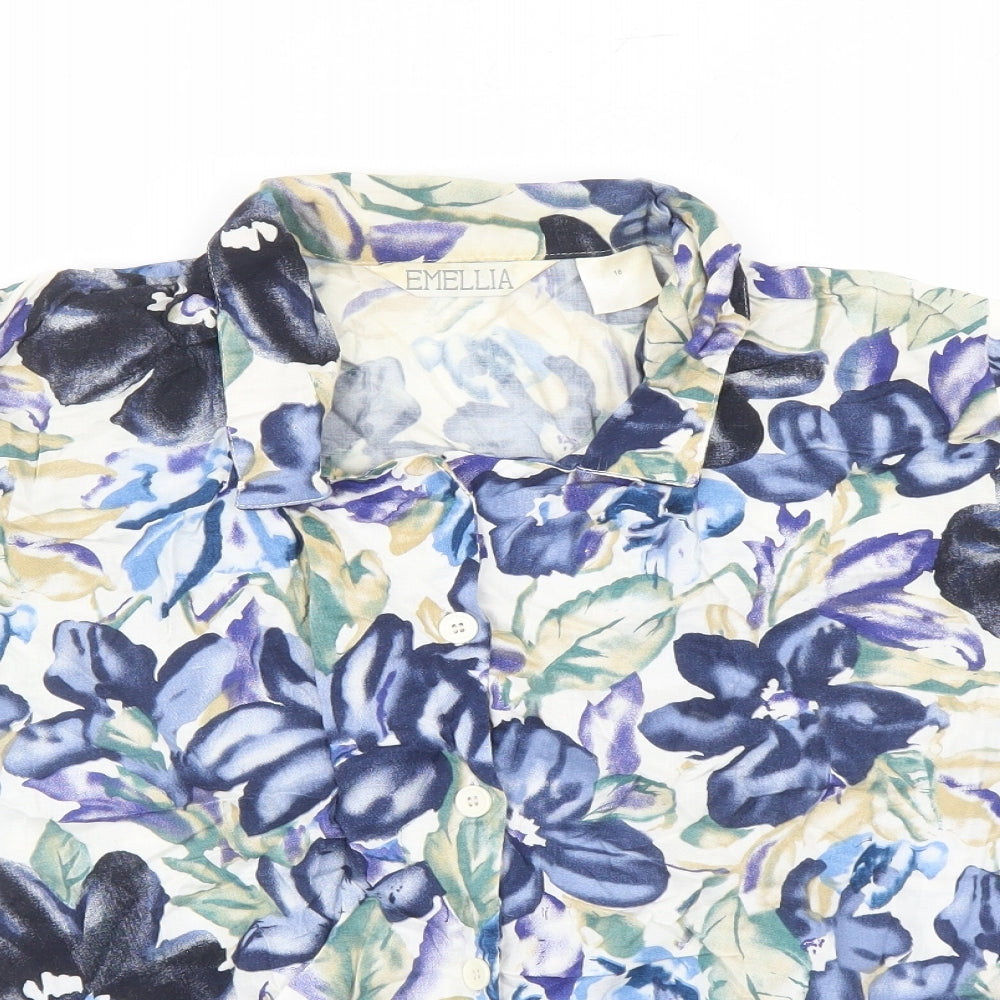 Emellia Womens Blue Floral Viscose Basic Button-Up Size 16 Collared