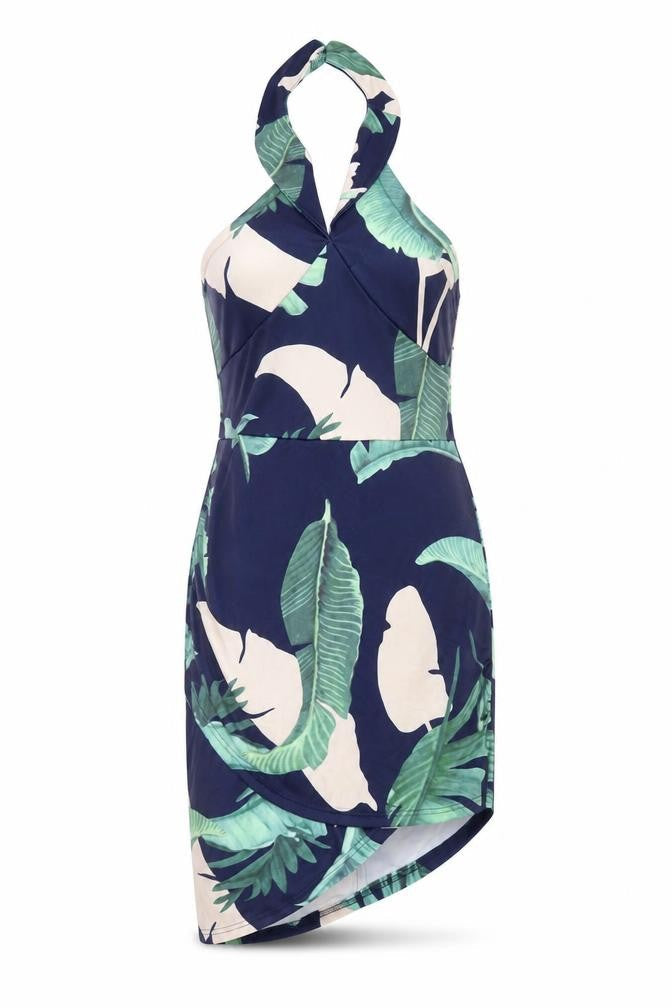 Parisian Womens Blue Geometric Polyester Pencil Dress Size 12 Halter Zip