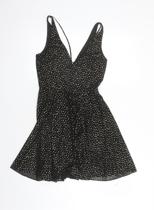 Miss Selfridge Womens Black Geometric Polyester Fit & Flare Size 6 V-Neck Zip