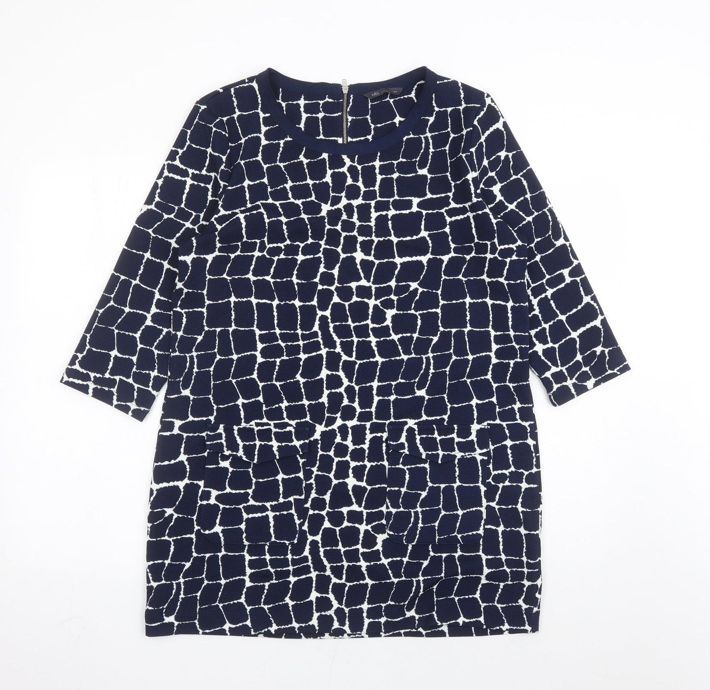 Marks and Spencer Womens Blue Geometric Polyester A-Line Size 14 Round Neck Zip