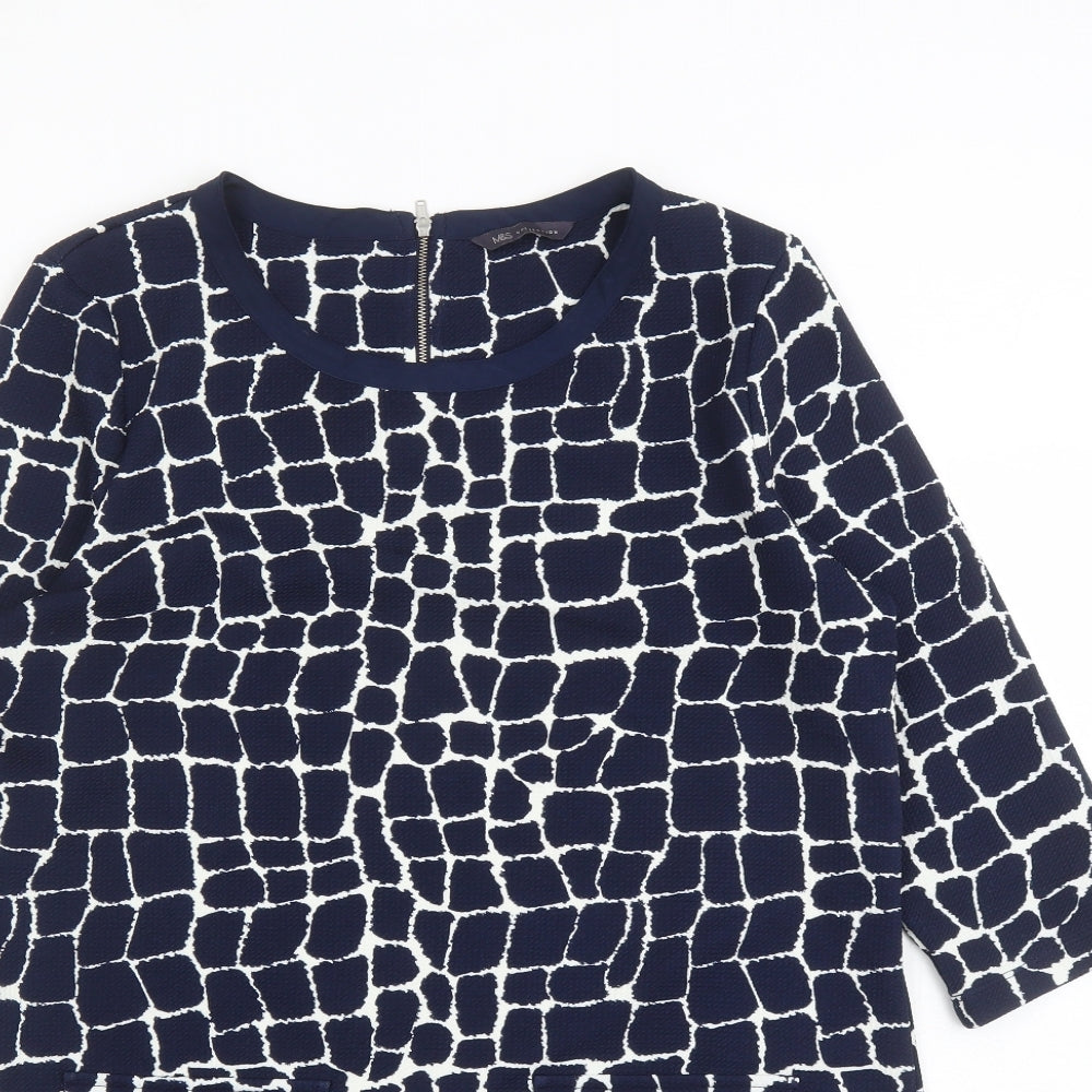 Marks and Spencer Womens Blue Geometric Polyester A-Line Size 14 Round Neck Zip