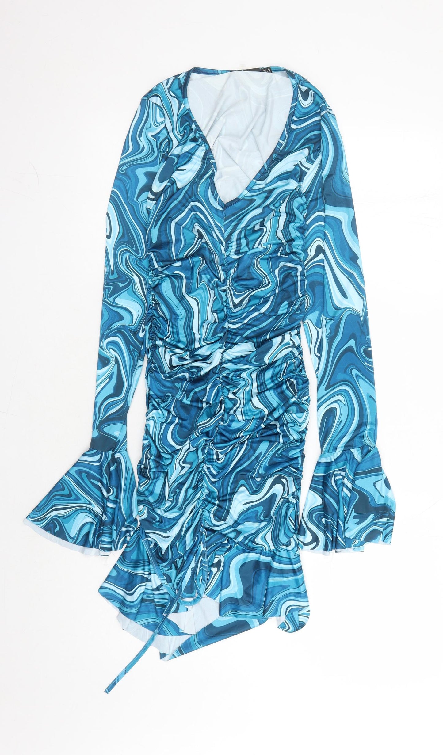 PRETTYLITTLETHING Womens Blue Geometric Polyester Bodycon Size 8 V-Neck Pullover