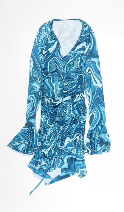 PRETTYLITTLETHING Womens Blue Geometric Polyester Bodycon Size 8 V-Neck Pullover