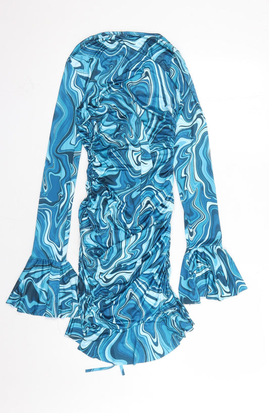 PRETTYLITTLETHING Womens Blue Geometric Polyester Bodycon Size 8 V-Neck Pullover