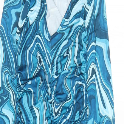 PRETTYLITTLETHING Womens Blue Geometric Polyester Bodycon Size 8 V-Neck Pullover