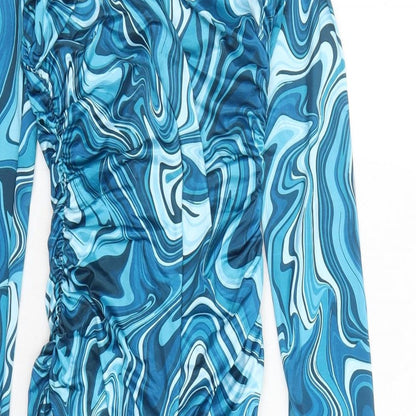 PRETTYLITTLETHING Womens Blue Geometric Polyester Bodycon Size 8 V-Neck Pullover