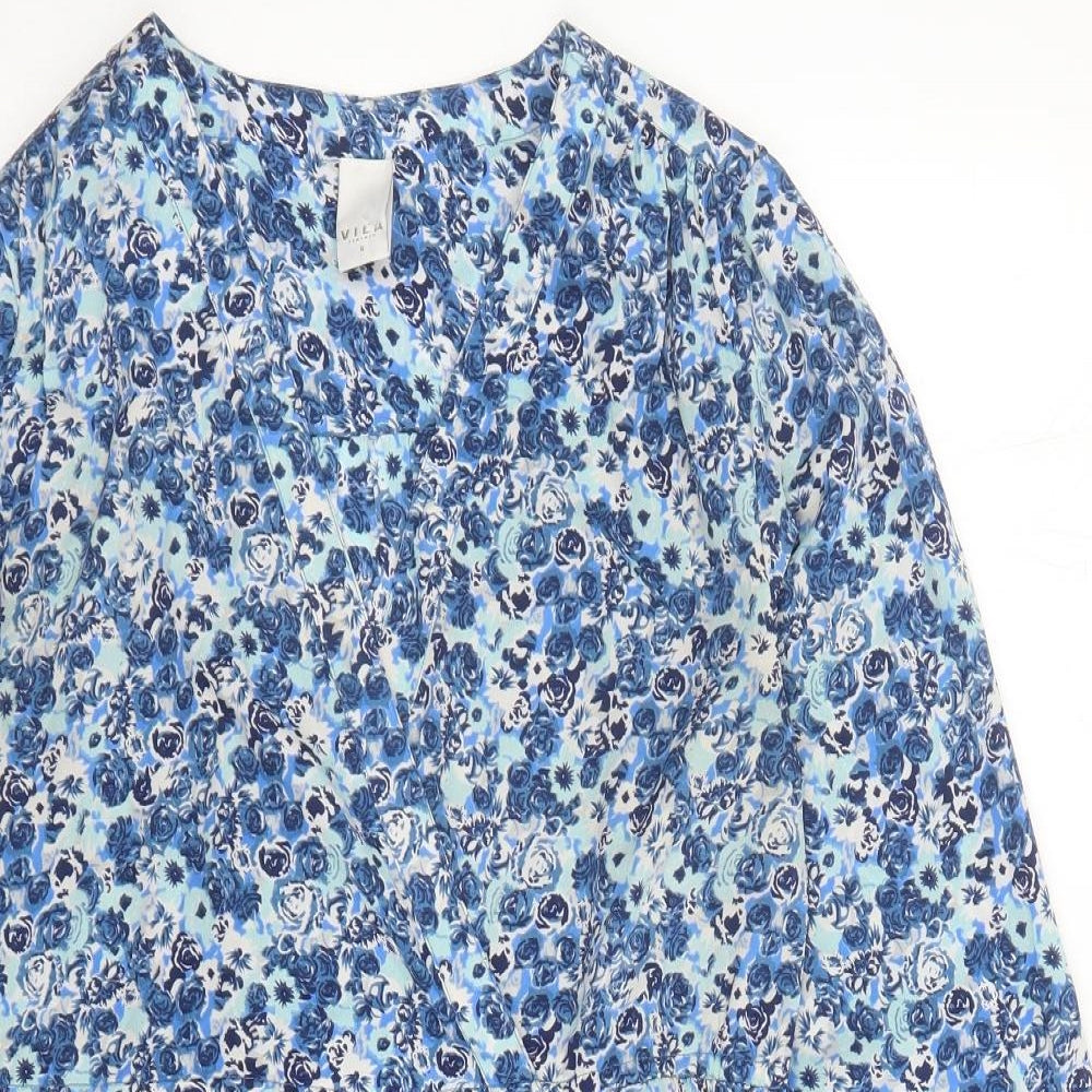 VILA Womens Blue Floral Polyester A-Line Size S V-Neck Pullover
