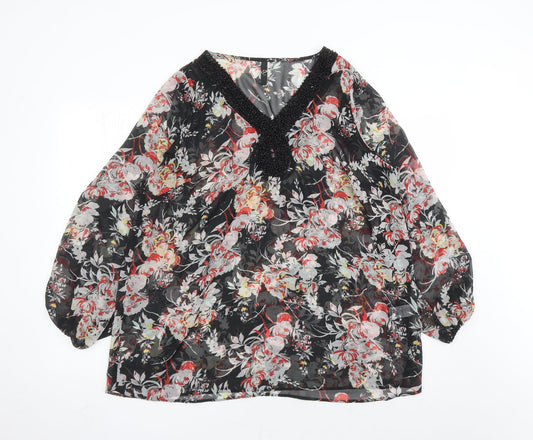 Evans Womens Black Floral Polyester Basic Blouse Size 18 V-Neck - Beaded Neckline