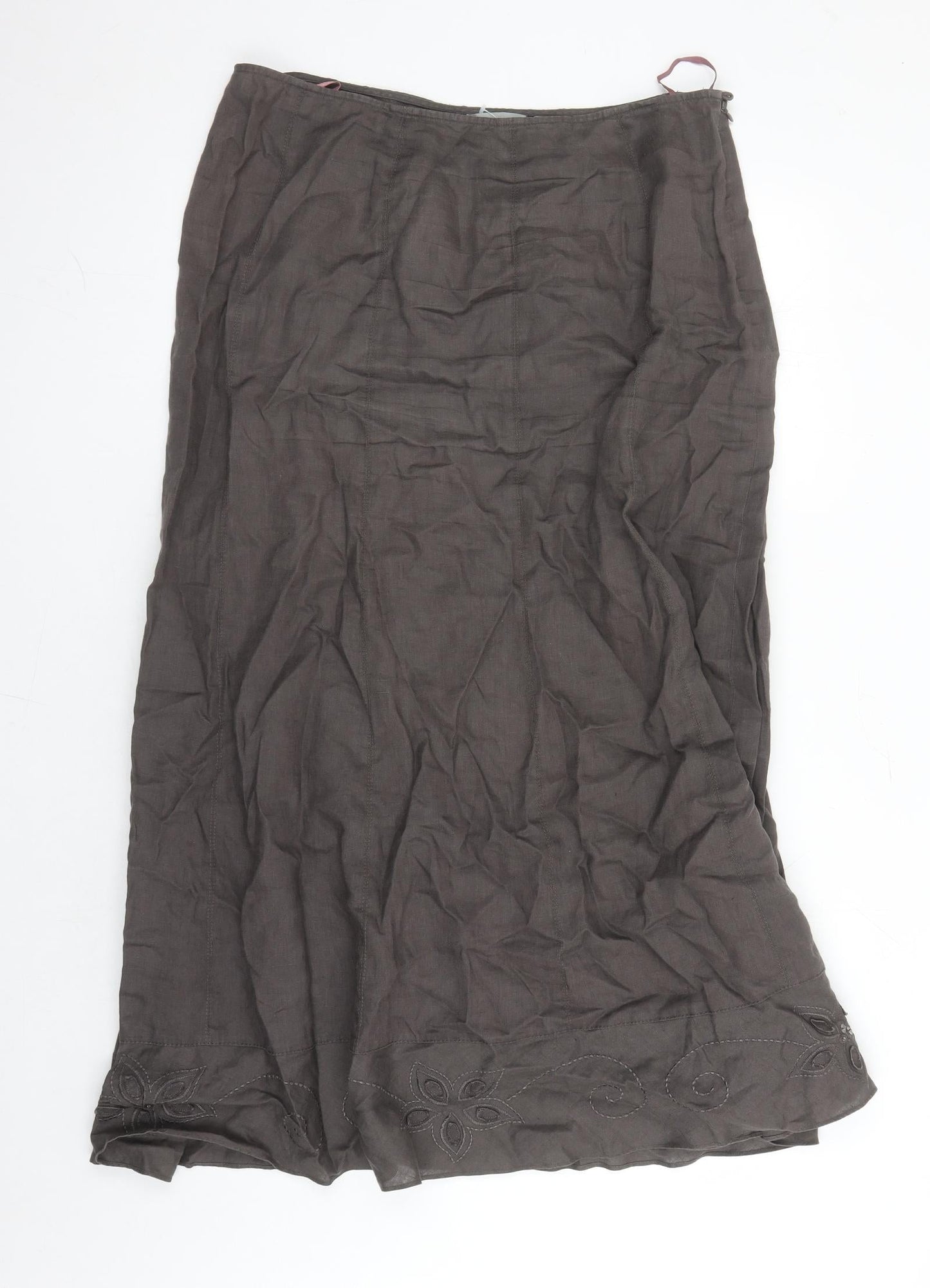 Per Una Womens Brown Linen A-Line Skirt Size 16 Zip - Embroidered Detail Sequin