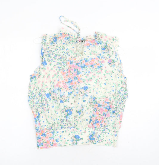 M&Co Womens White Floral Viscose Basic Blouse Size 12 Round Neck - Keyhole Neckline