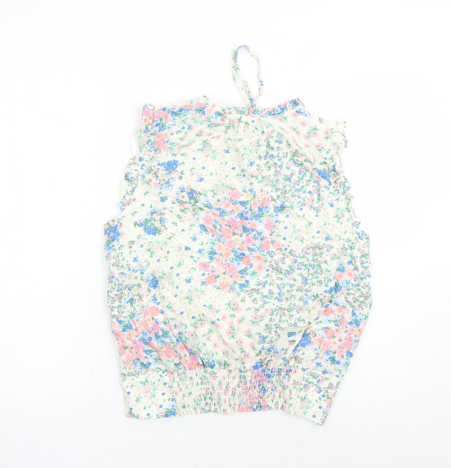 M&Co Womens White Floral Viscose Basic Blouse Size 12 Round Neck - Keyhole Neckline