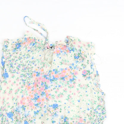 M&Co Womens White Floral Viscose Basic Blouse Size 12 Round Neck - Keyhole Neckline