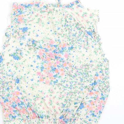 M&Co Womens White Floral Viscose Basic Blouse Size 12 Round Neck - Keyhole Neckline