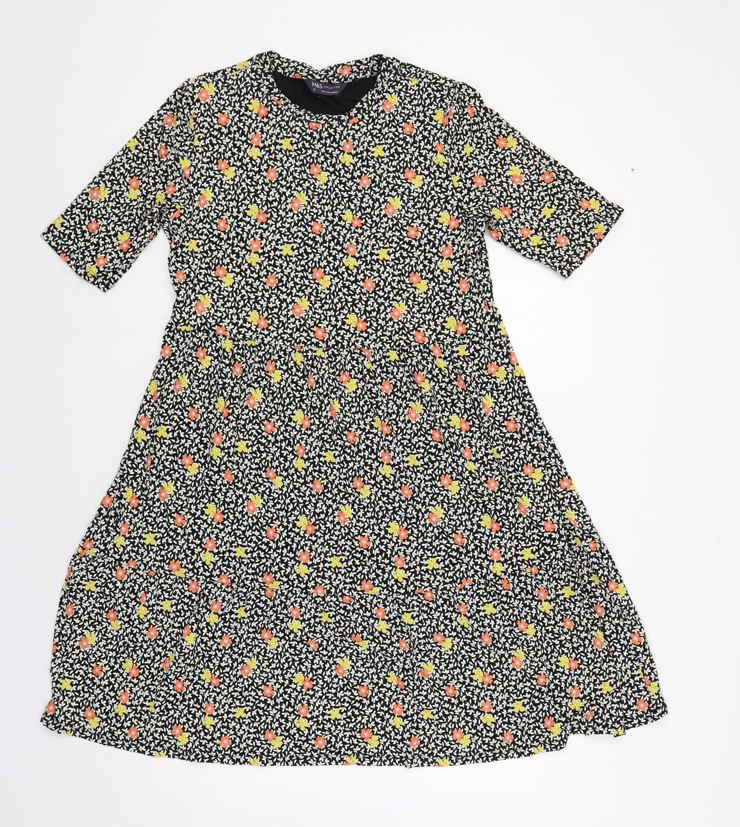 Marks and Spencer Womens Black Floral Viscose T-Shirt Dress Size 12 Crew Neck Pullover