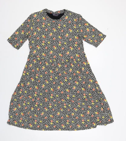 Marks and Spencer Womens Black Floral Viscose T-Shirt Dress Size 12 Crew Neck Pullover