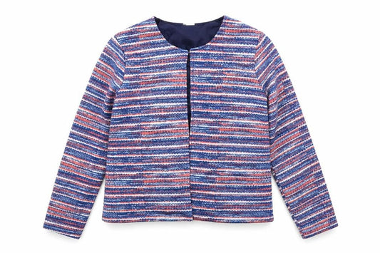 Front view of Anne de Lancay women’s multicoloured geometric jacket blazer, size M, hook & eye - open