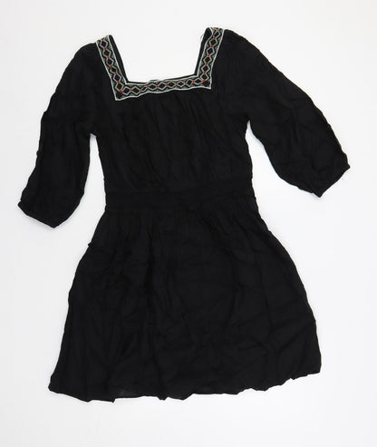 Marks and Spencer Womens Black Linen A-Line Size 10 Square Neck Pullover - Embroidered