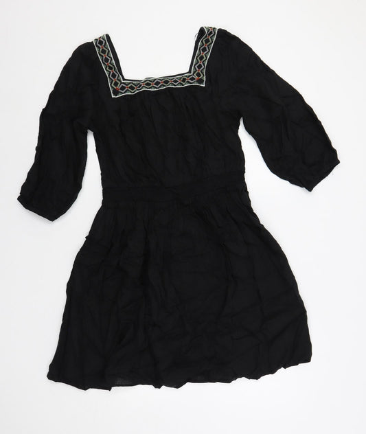 Marks and Spencer Womens Black Linen A-Line Size 10 Square Neck Pullover - Embroidered