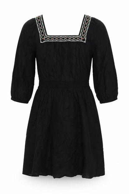 Marks and Spencer Womens Black Linen A-Line Size 10 Square Neck Pullover - Embroidered