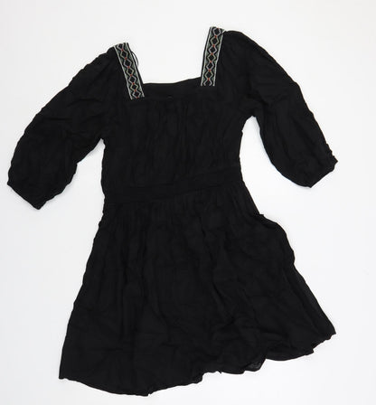 Marks and Spencer Womens Black Linen A-Line Size 10 Square Neck Pullover - Embroidered