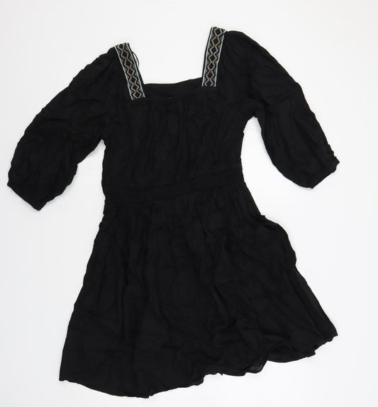 Marks and Spencer Womens Black Linen A-Line Size 10 Square Neck Pullover - Embroidered