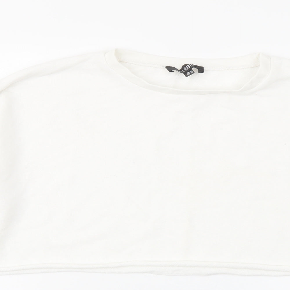 Close-up detail of Missguided women’s white polyester pullover sweatshirt, size UK 14, pullover