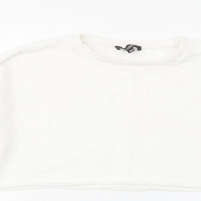 Close-up detail of Missguided women’s white polyester pullover sweatshirt, size UK 14, pullover