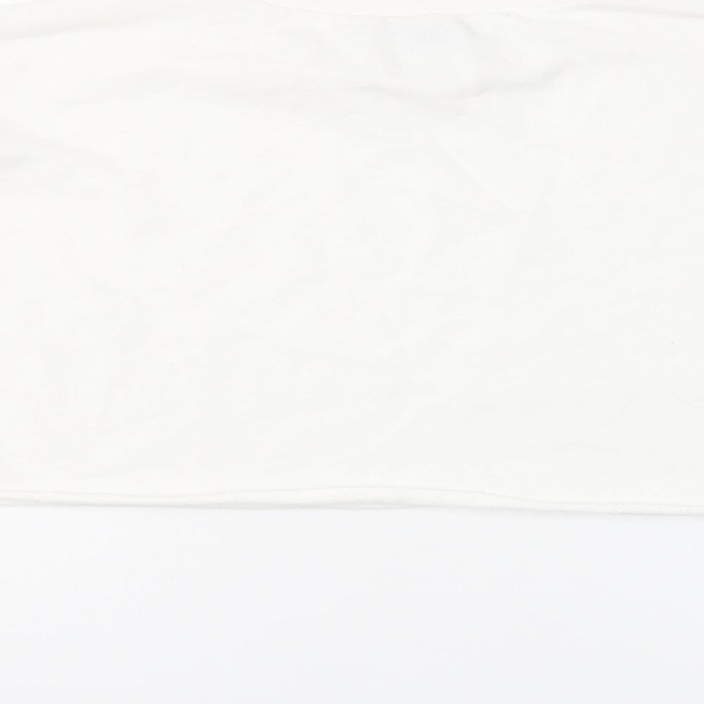 Brand and care label for Missguided women’s white polyester pullover sweatshirt, size UK 14, pullover