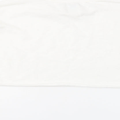 Brand and care label for Missguided women’s white polyester pullover sweatshirt, size UK 14, pullover