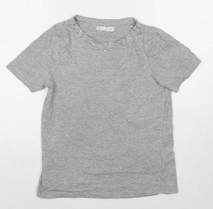 Sfera Womens Grey Polyester Basic T-Shirt Size S Round Neck - Beaded Detail
