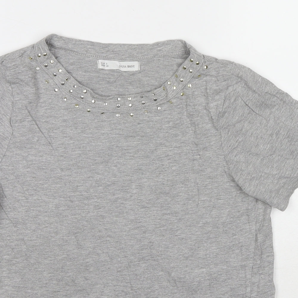 Sfera Womens Grey Polyester Basic T-Shirt Size S Round Neck - Beaded Detail