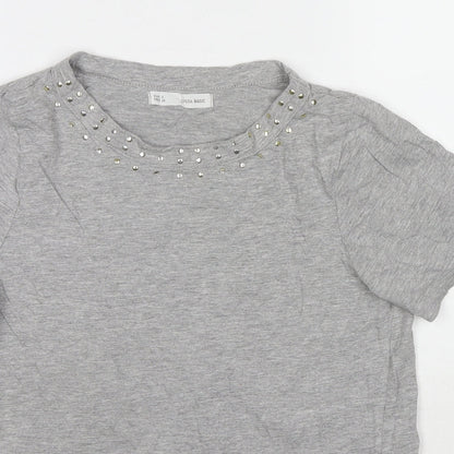 Sfera Womens Grey Polyester Basic T-Shirt Size S Round Neck - Beaded Detail