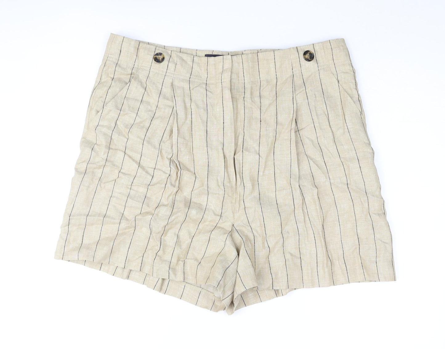 Marks and Spencer Womens Beige Striped Polyester Basic Shorts Size 36 in L4 in Regular Zip