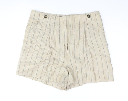 Marks and Spencer Womens Beige Striped Polyester Basic Shorts Size 36 in L4 in Regular Zip