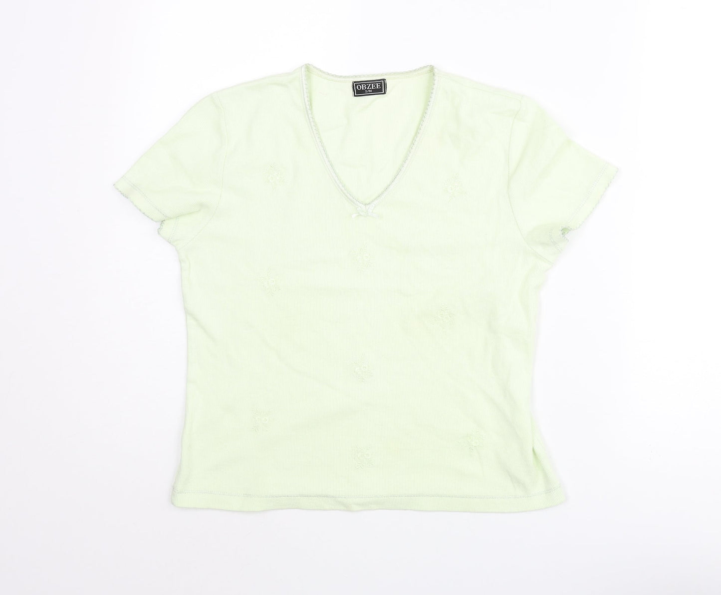Obzee Womens Green Cotton Basic T-Shirt Size S V-Neck - Size S-M Floral Embroidery Bow