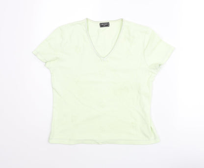 Obzee Womens Green Cotton Basic T-Shirt Size S V-Neck - Size S-M Floral Embroidery Bow