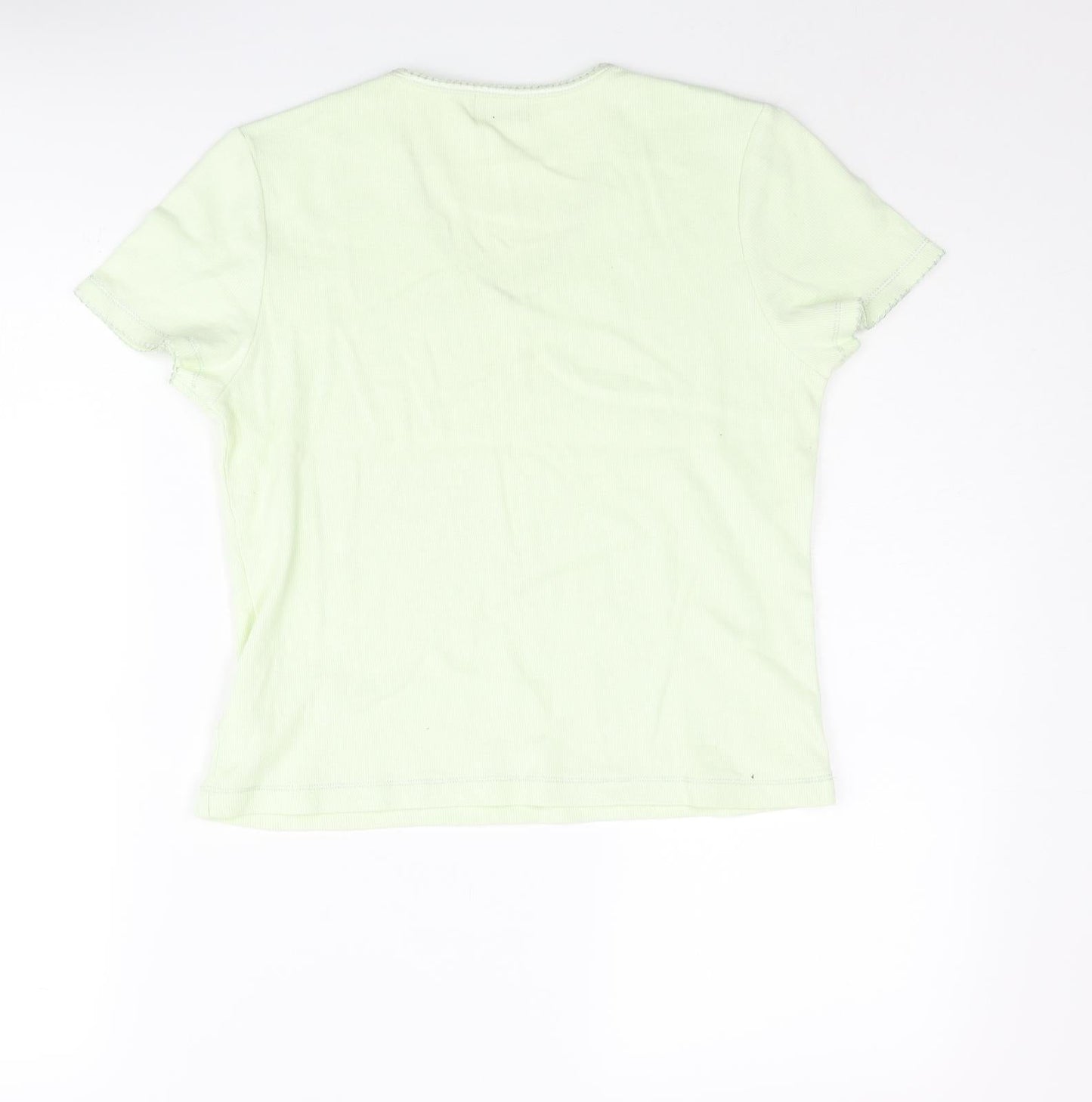 Obzee Womens Green Cotton Basic T-Shirt Size S V-Neck - Size S-M Floral Embroidery Bow
