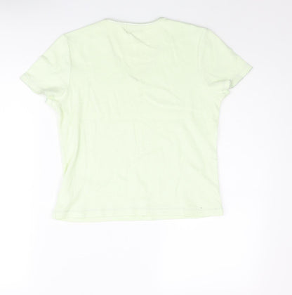 Obzee Womens Green Cotton Basic T-Shirt Size S V-Neck - Size S-M Floral Embroidery Bow