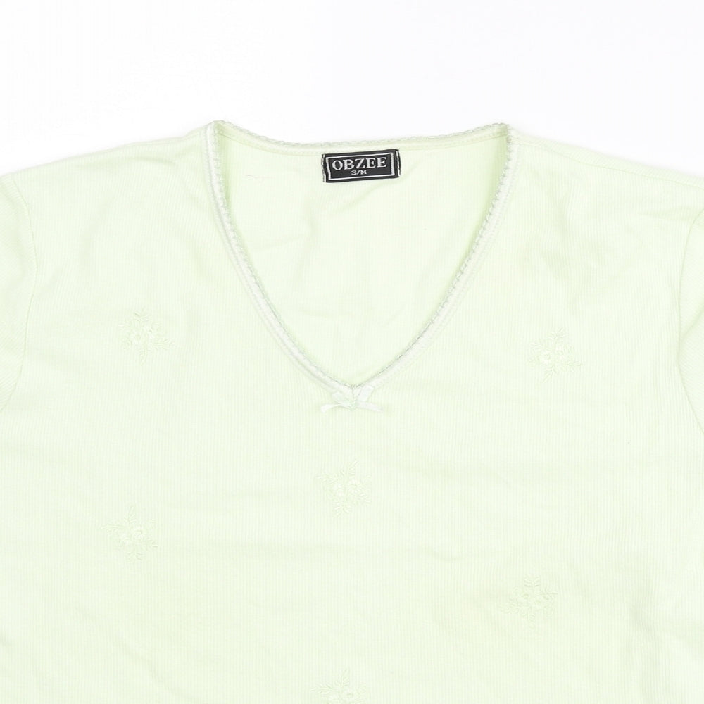 Obzee Womens Green Cotton Basic T-Shirt Size S V-Neck - Size S-M Floral Embroidery Bow