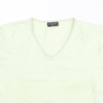 Obzee Womens Green Cotton Basic T-Shirt Size S V-Neck - Size S-M Floral Embroidery Bow