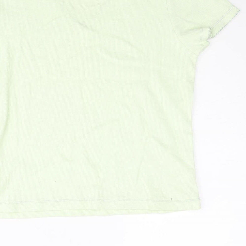 Obzee Womens Green Cotton Basic T-Shirt Size S V-Neck - Size S-M Floral Embroidery Bow