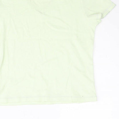 Obzee Womens Green Cotton Basic T-Shirt Size S V-Neck - Size S-M Floral Embroidery Bow