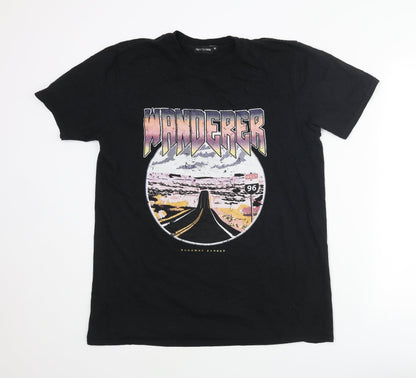 PRETTYLITTLETHING Womens Black Polyester Basic T-Shirt Size M Round Neck - Wanderer Road Print