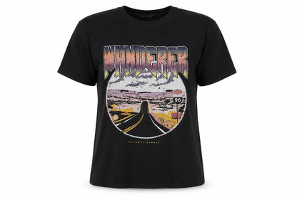 PRETTYLITTLETHING Womens Black Polyester Basic T-Shirt Size M Round Neck - Wanderer Road Print