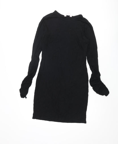 Miss Selfridge Womens Black Viscose Shift Size 10 Round Neck Pullover - Rouched Sleeve