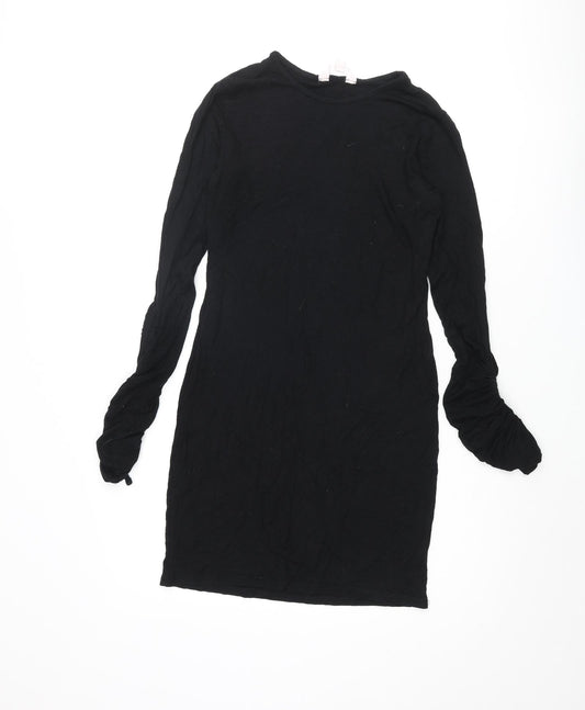 Miss Selfridge Womens Black Viscose Shift Size 10 Round Neck Pullover - Rouched Sleeve